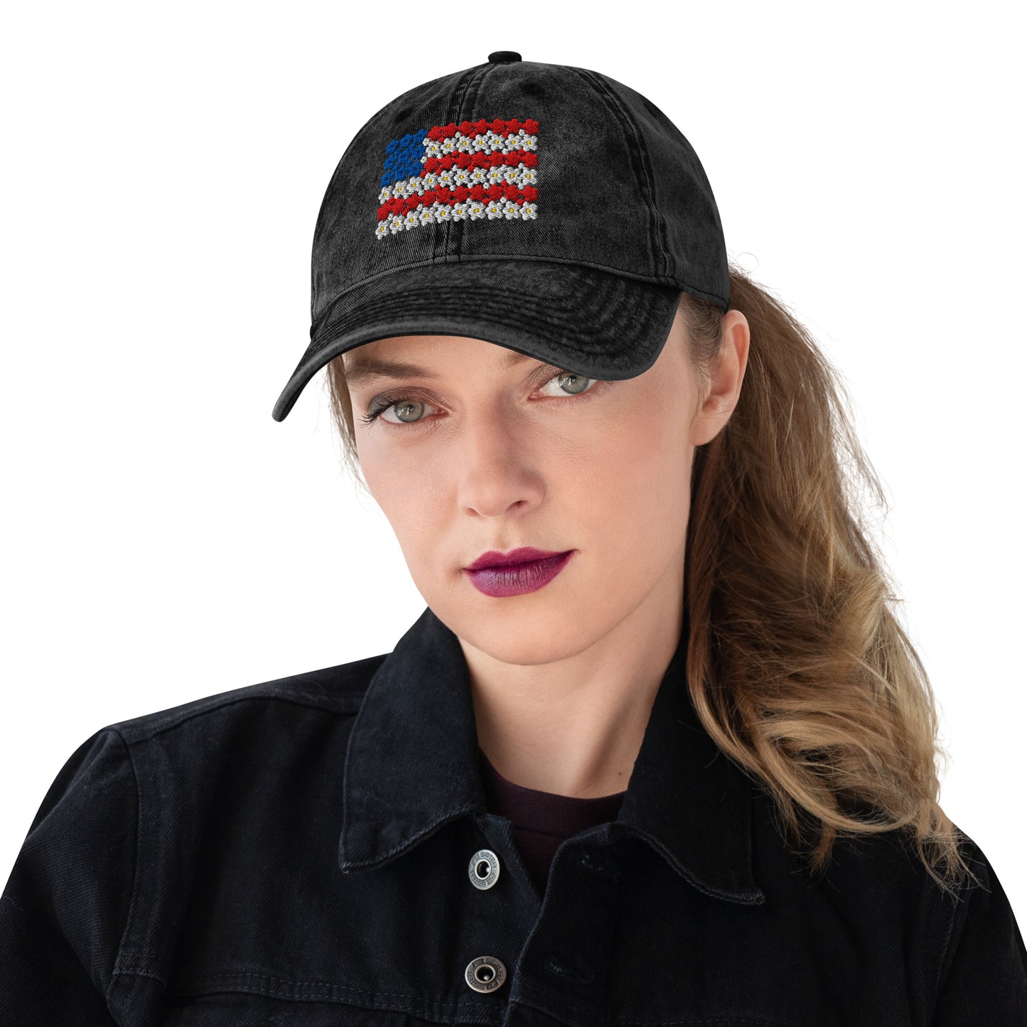 Flower USA flag embroidered Vintage Cotton Twill Cap
