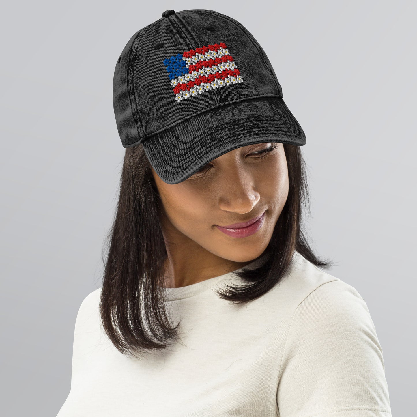 Flower USA flag embroidered Vintage Cotton Twill Cap