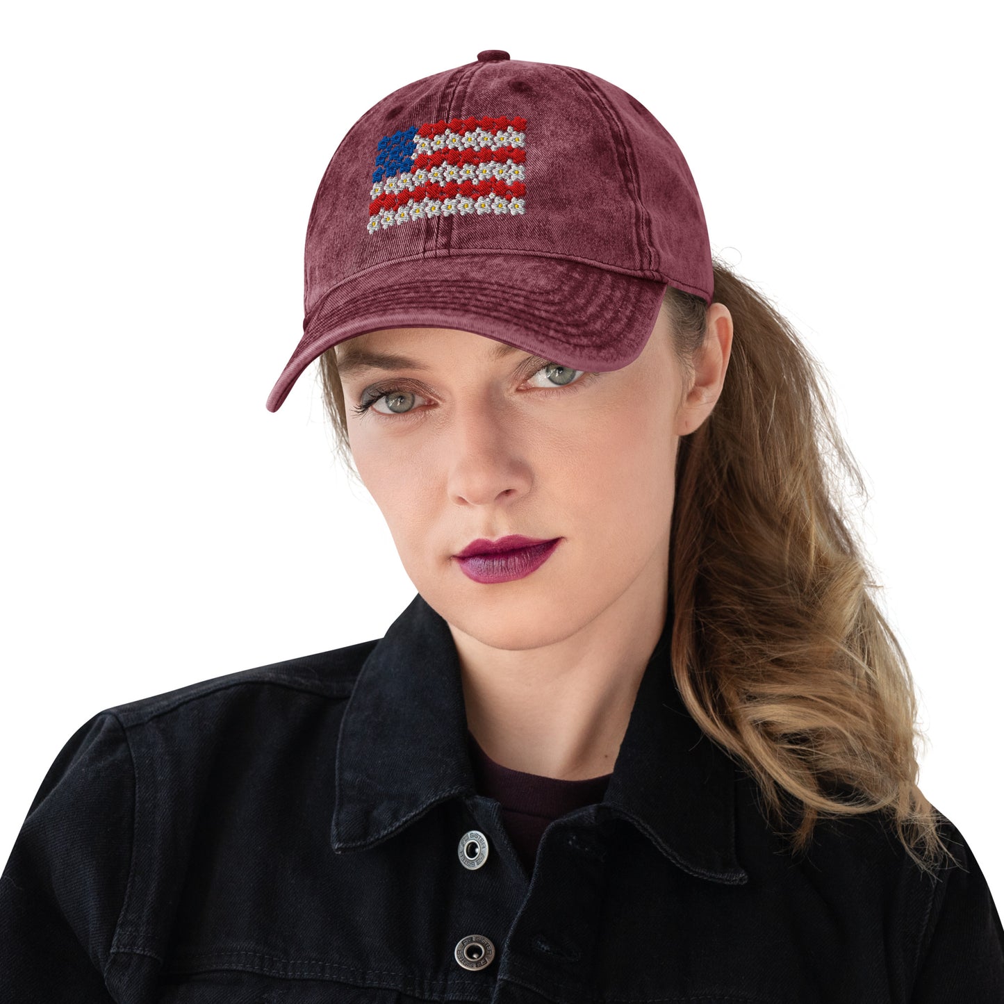 Flower USA flag embroidered Vintage Cotton Twill Cap