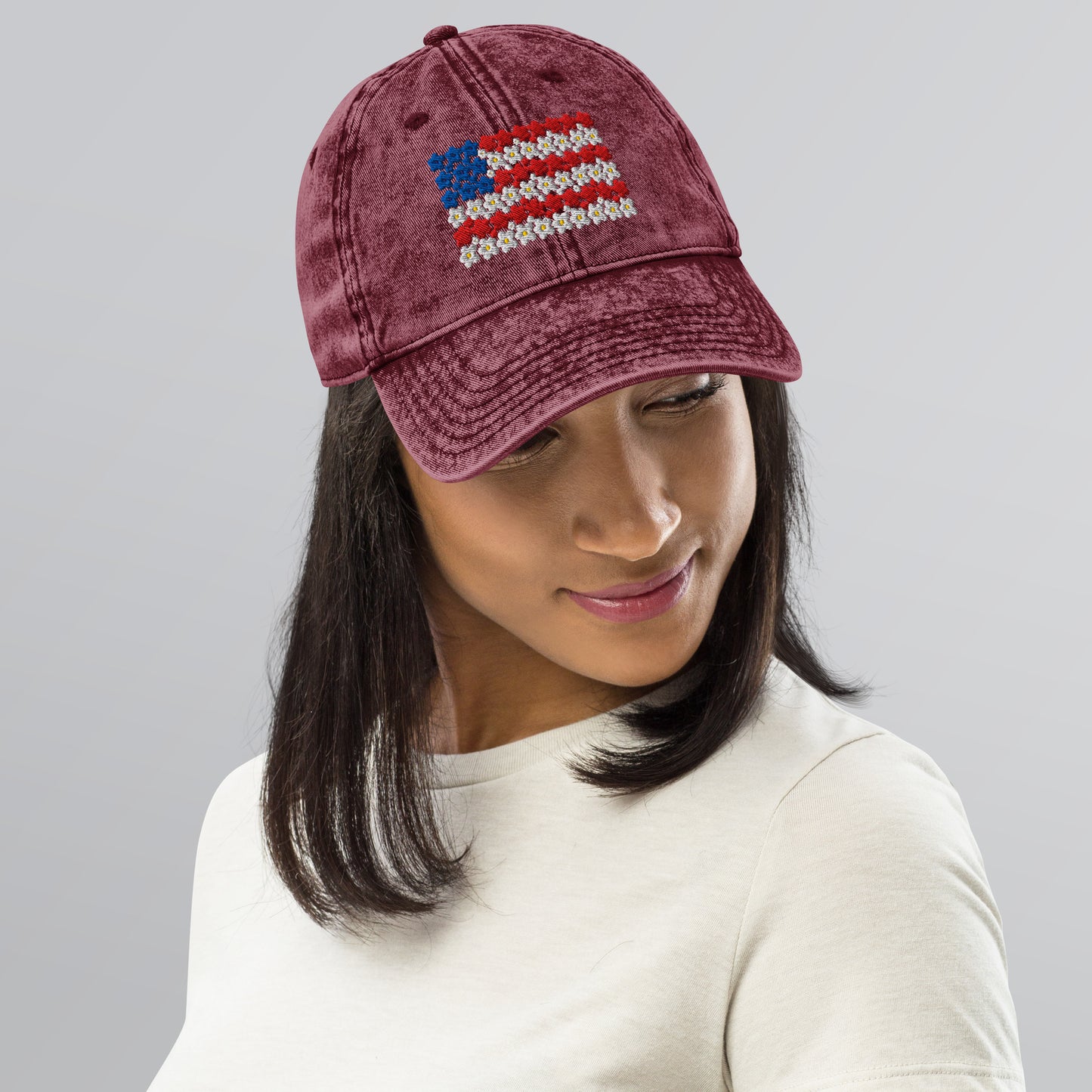 Flower USA flag embroidered Vintage Cotton Twill Cap