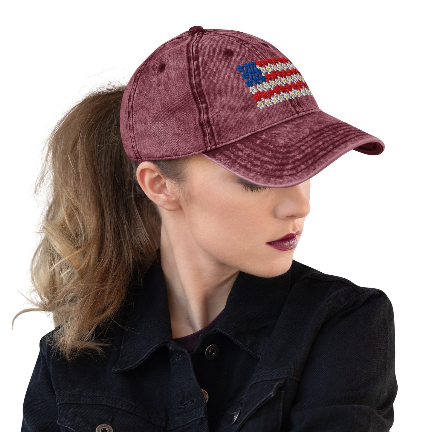 Flower USA flag embroidered Vintage Cotton Twill Cap