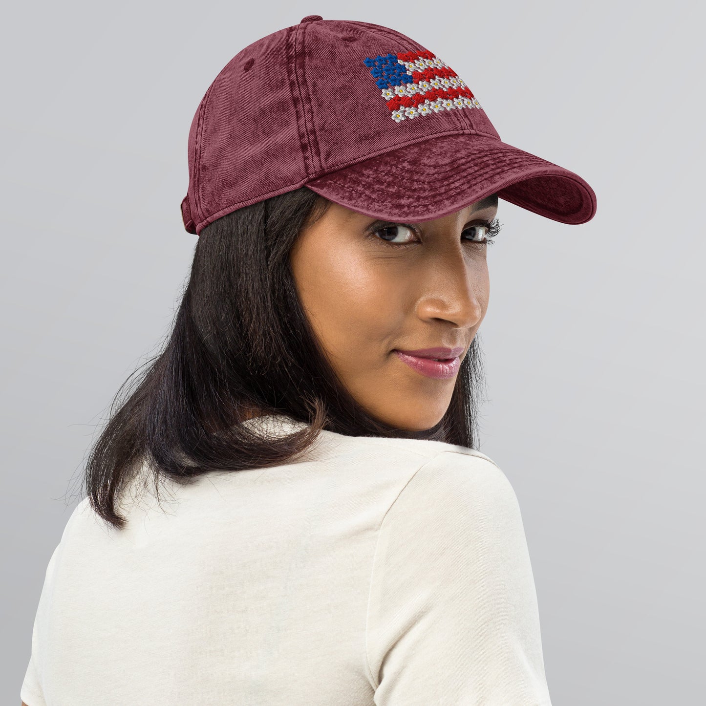 Flower USA flag embroidered Vintage Cotton Twill Cap